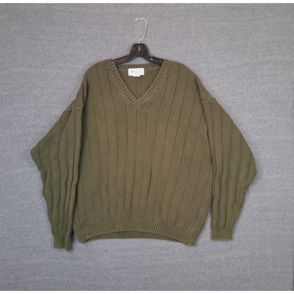 Eddie Bauer Mens Sweater 2XL Green Rib Knit Cotton Heavy Heritage Academia Dad